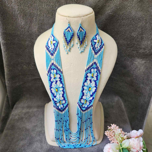 blue floral necklace layered bead necklace for party dangler earrings for office wear haldi wedding wear necklace set