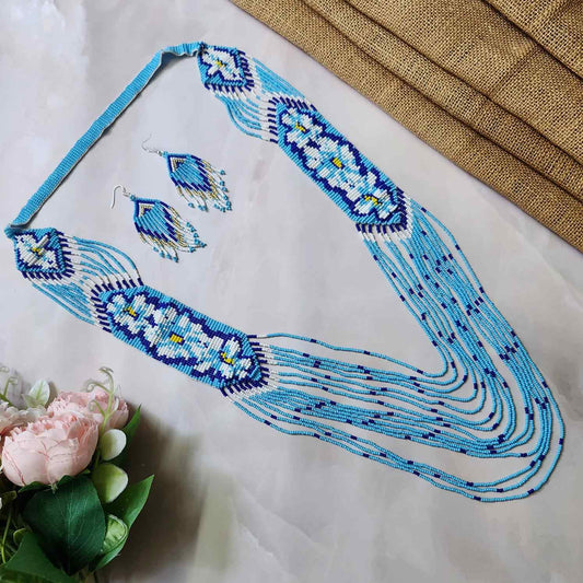 blue floral necklace layered bead necklace for party dangler earrings for office wear haldi wedding wear necklace set
