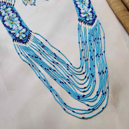 blue floral necklace layered bead necklace for party dangler earrings for office wear haldi wedding wear necklace set