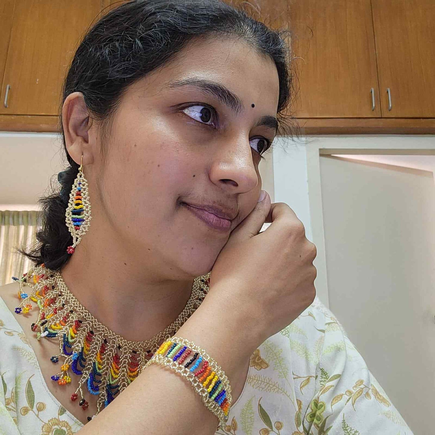 floral necklace multicoloured necklace rainbow necklace gold necklace set bracelet long earrings set bridal set haldi mehndi jewellery sangeet necklace reception jewellery