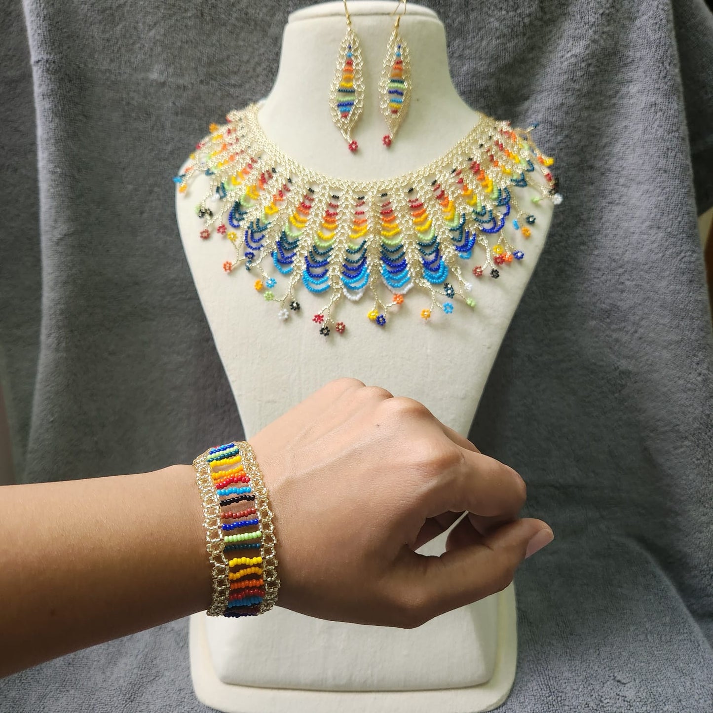 floral necklace multicoloured necklace rainbow necklace gold necklace set bracelet long earrings set bridal set haldi mehndi jewellery sangeet necklace reception jewellery
