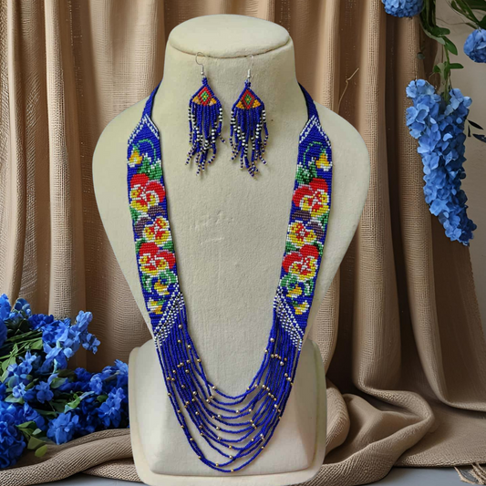 blue pansy floral necklace layered bead necklace for party dangler earrings for office wear haldi wedding wear necklace set