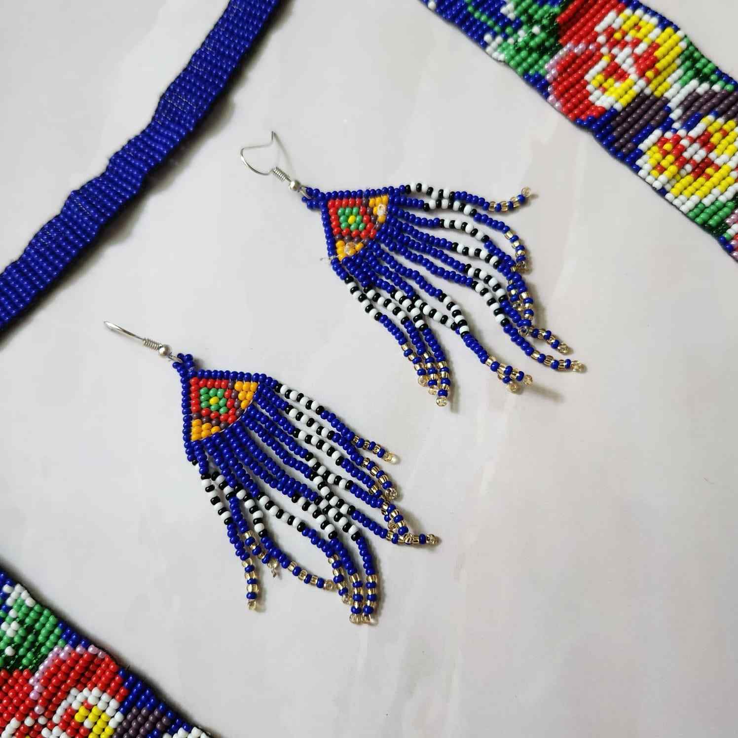blue pansy floral necklace layered bead necklace for party dangler earrings for office wear haldi wedding wear necklace set