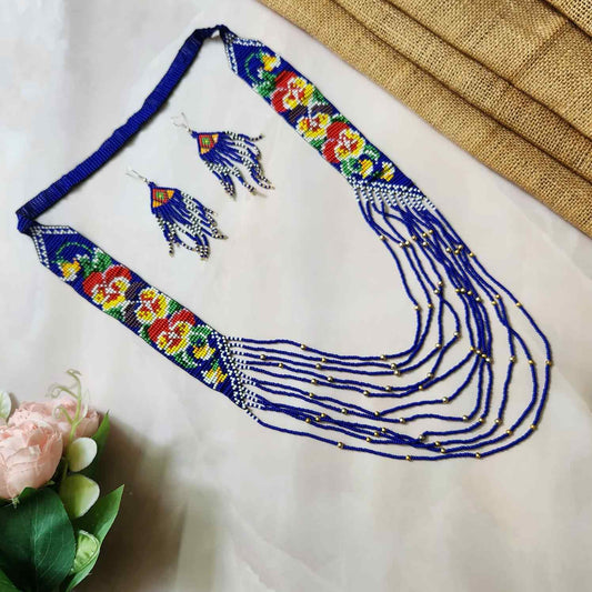 blue pansy floral necklace layered bead necklace for party dangler earrings for office wear haldi wedding wear necklace set