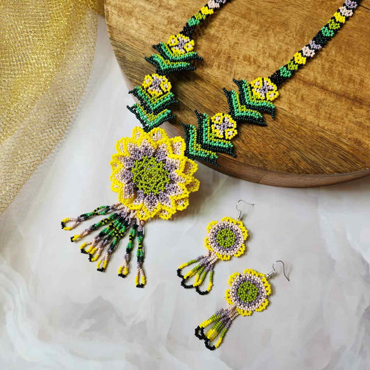 bead necklace flower necklace 3D necklace layer haldi necklace set flower earrings yellow necklace