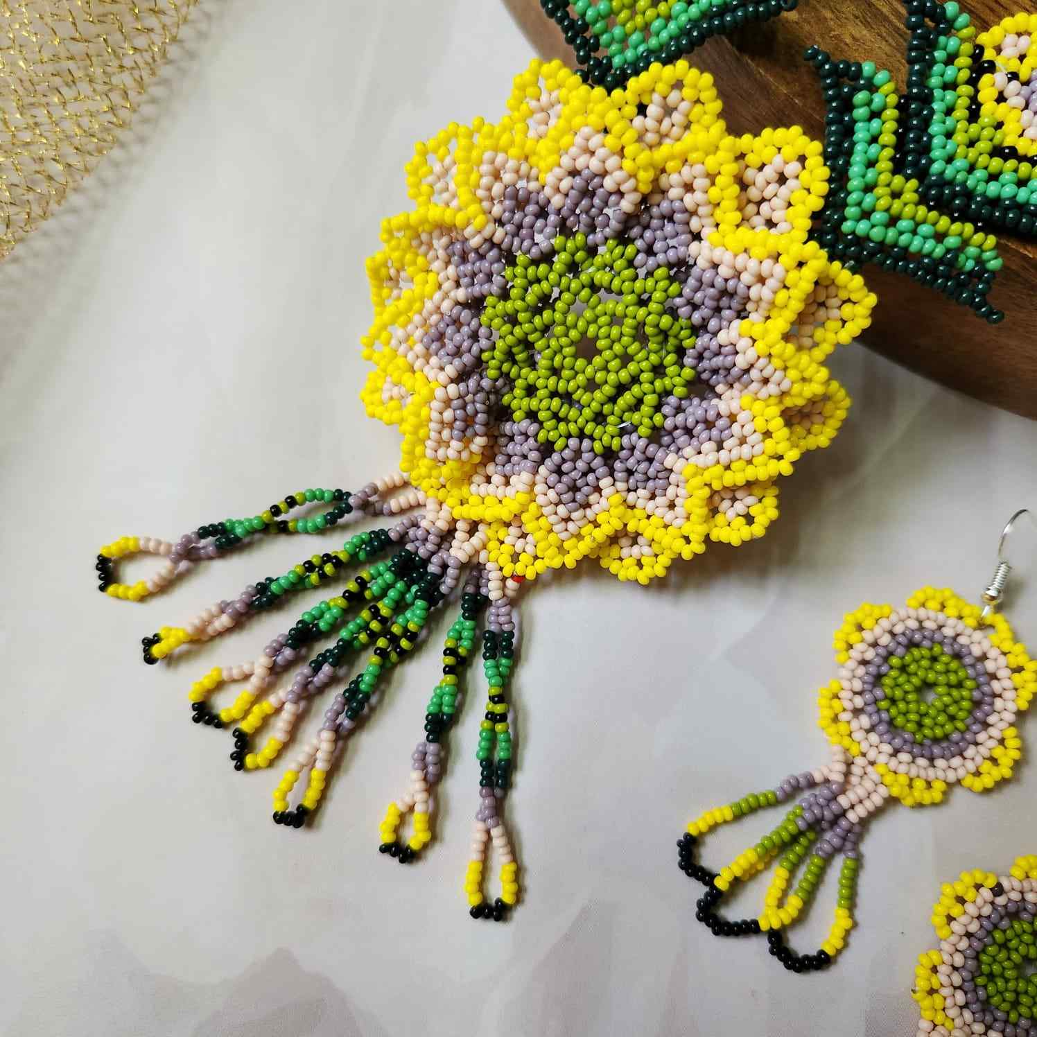 bead necklace flower necklace 3D necklace layer haldi necklace set flower earrings yellow necklace