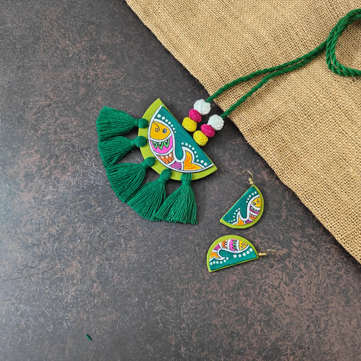 Pratima green fabric necklace set