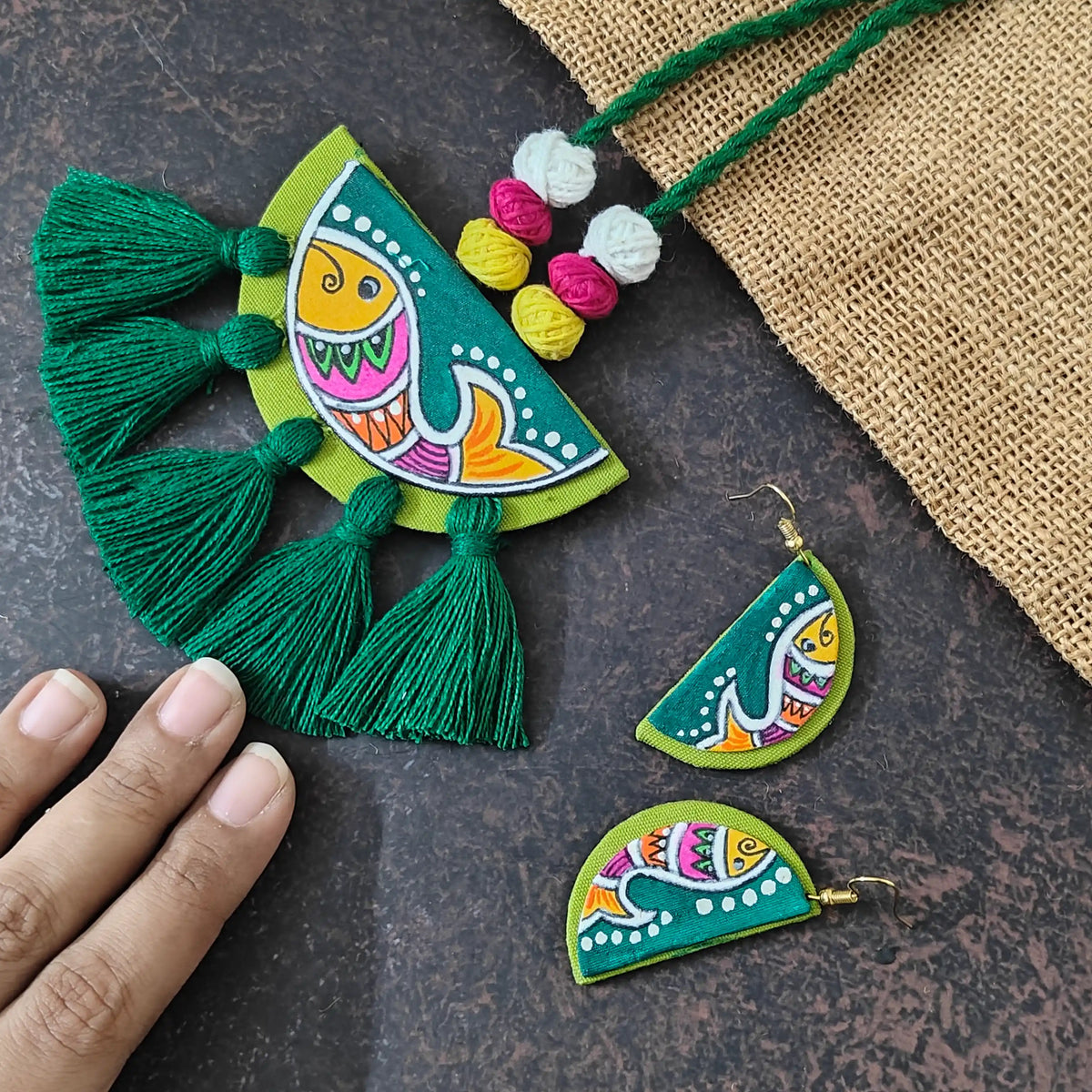 Pratima green fabric necklace set