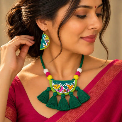 Pratima green fabric necklace set