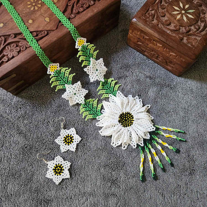 bead necklace white flower necklace 3D necklace leaf green leaves haldi necklace set flower earrings white necklace