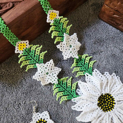 bead necklace white flower necklace 3D necklace leaf green leaves haldi necklace set flower earrings white necklace
