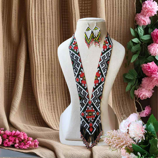 native american design geometric  bead loom necklace with earrings navajo print design daily wear necklace set for office and party