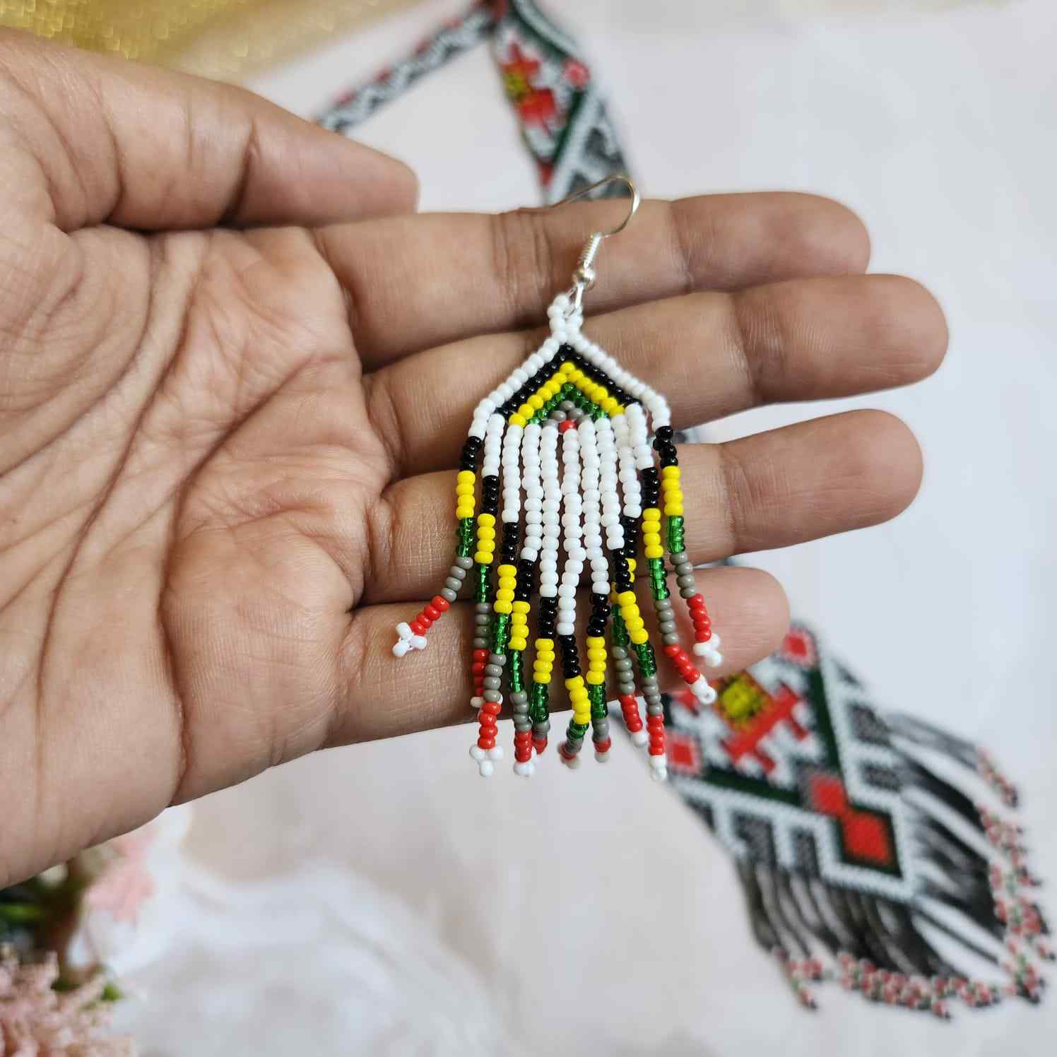 native american design geometric  bead loom necklace with earrings navajo print design daily wear necklace set for office and party