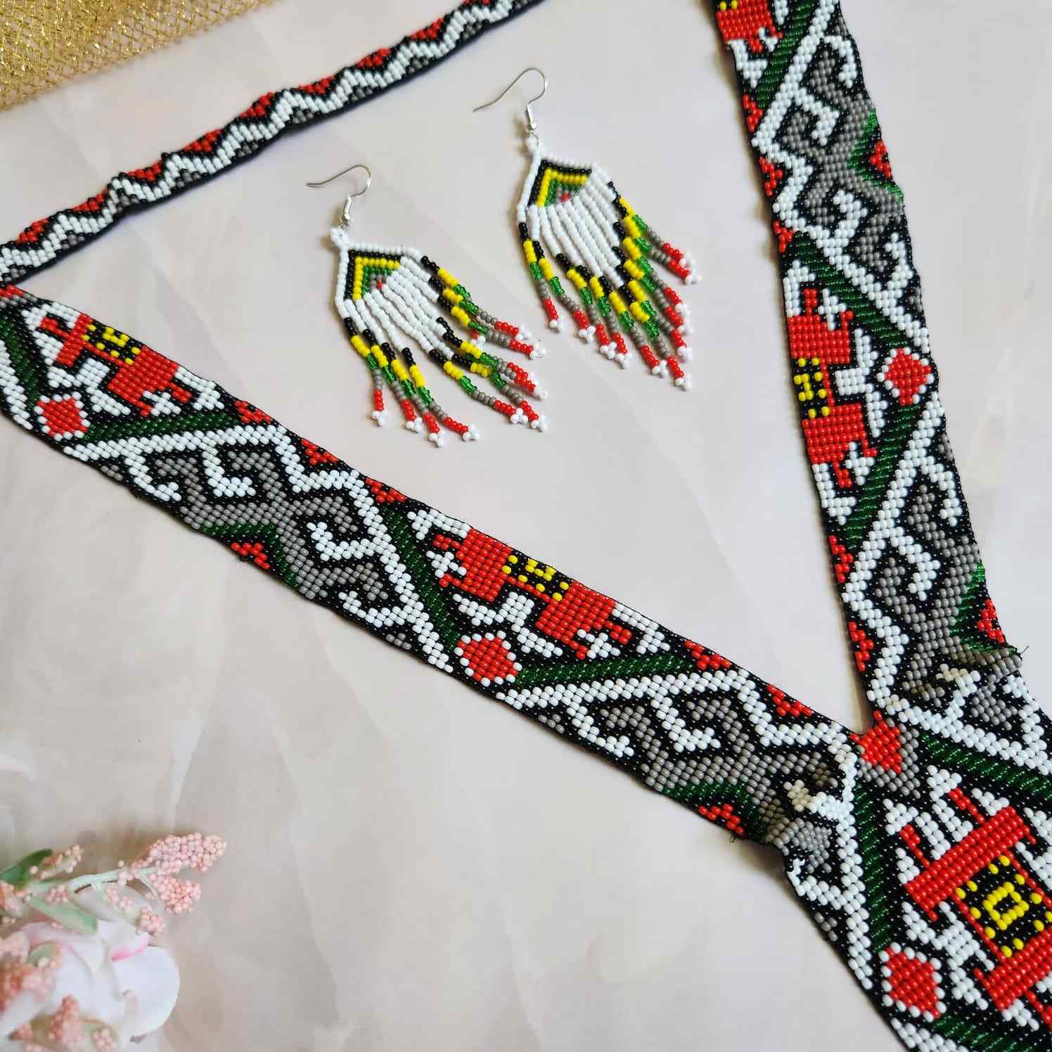 native american design geometric  bead loom necklace with earrings navajo print design daily wear necklace set for office and party