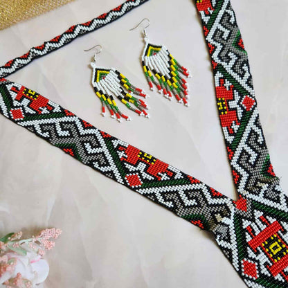 native american design geometric  bead loom necklace with earrings navajo print design daily wear necklace set for office and party