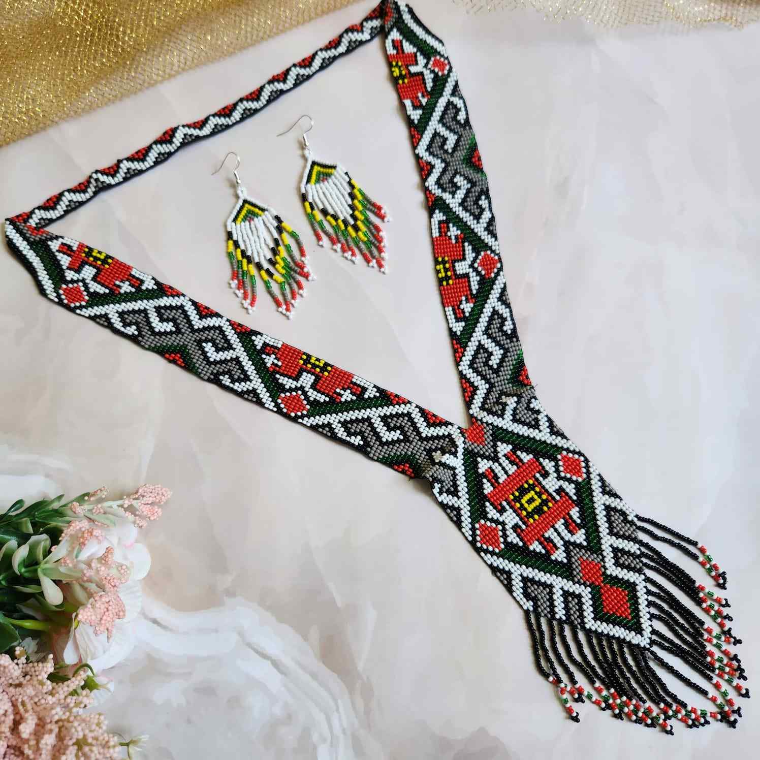 native american design geometric  bead loom necklace with earrings navajo print design daily wear necklace set for office and party