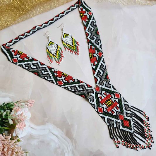 native american design geometric  bead loom necklace with earrings navajo print design daily wear necklace set for office and party