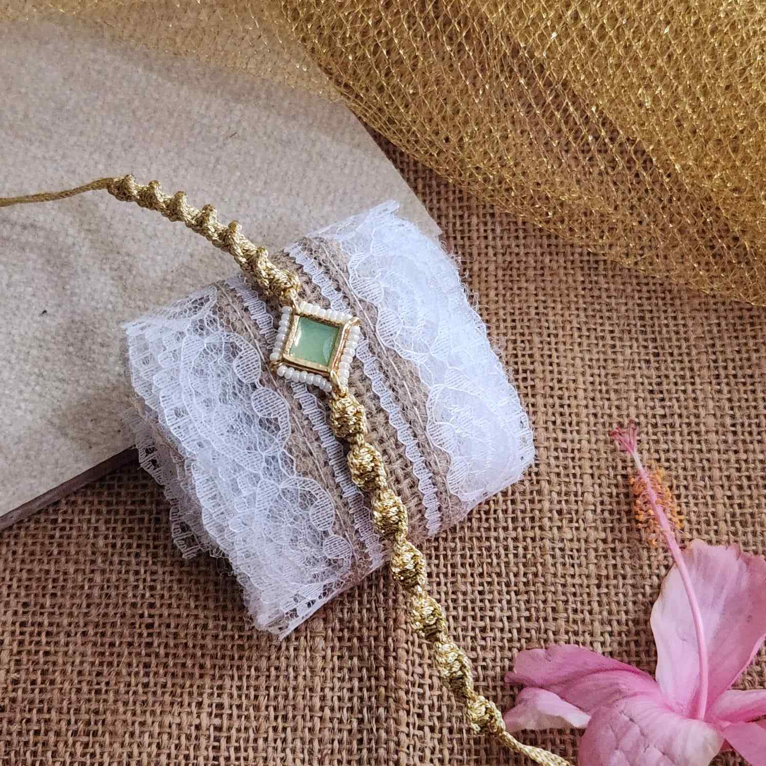 macrame bracelet gold bracelet anklet armlet party wear accessory adjustable bracelet green stone bracelet