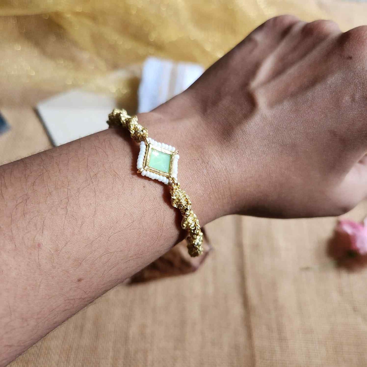 macrame bracelet gold bracelet anklet armlet party wear accessory adjustable bracelet green stone bracelet