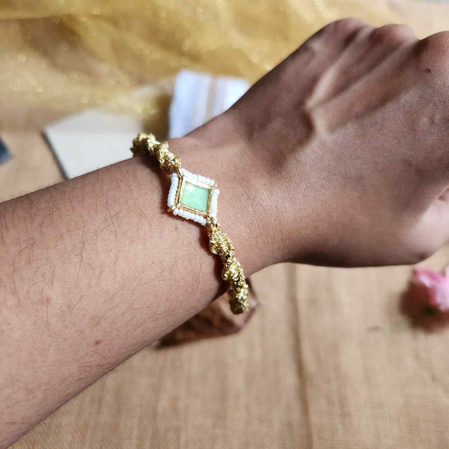 macrame bracelet gold bracelet anklet armlet party wear accessory adjustable bracelet green stone bracelet