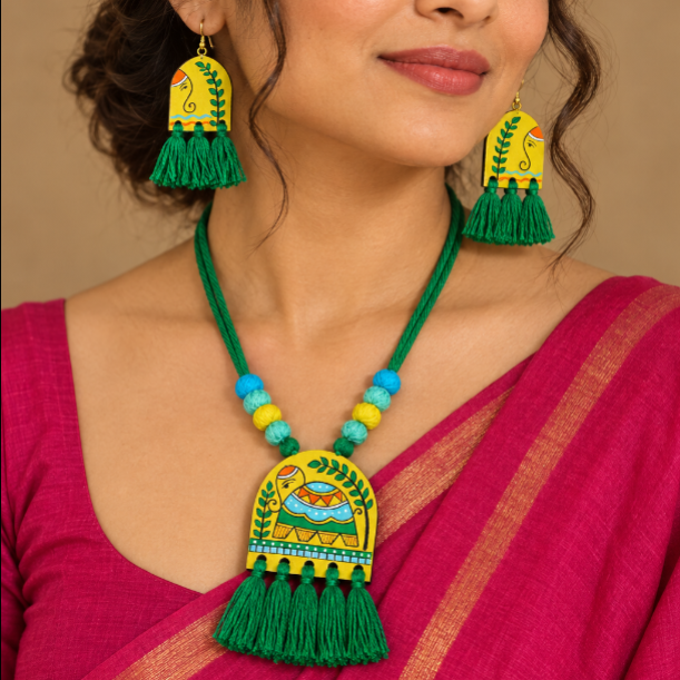 Rangini green fabric necklace set