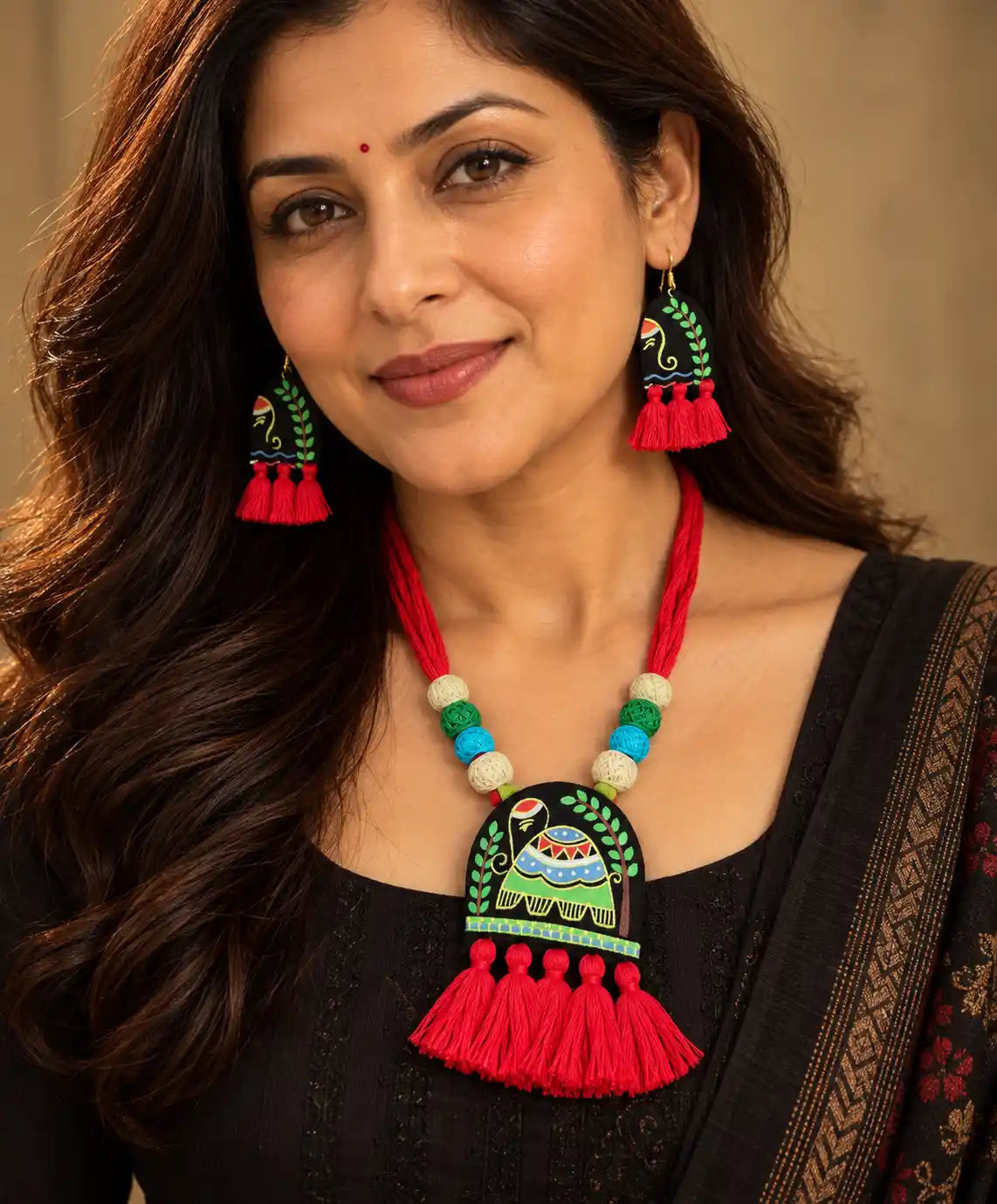 Rangini red fabric necklace set