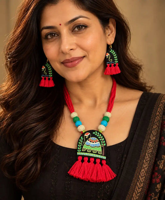 Rangini red fabric necklace set