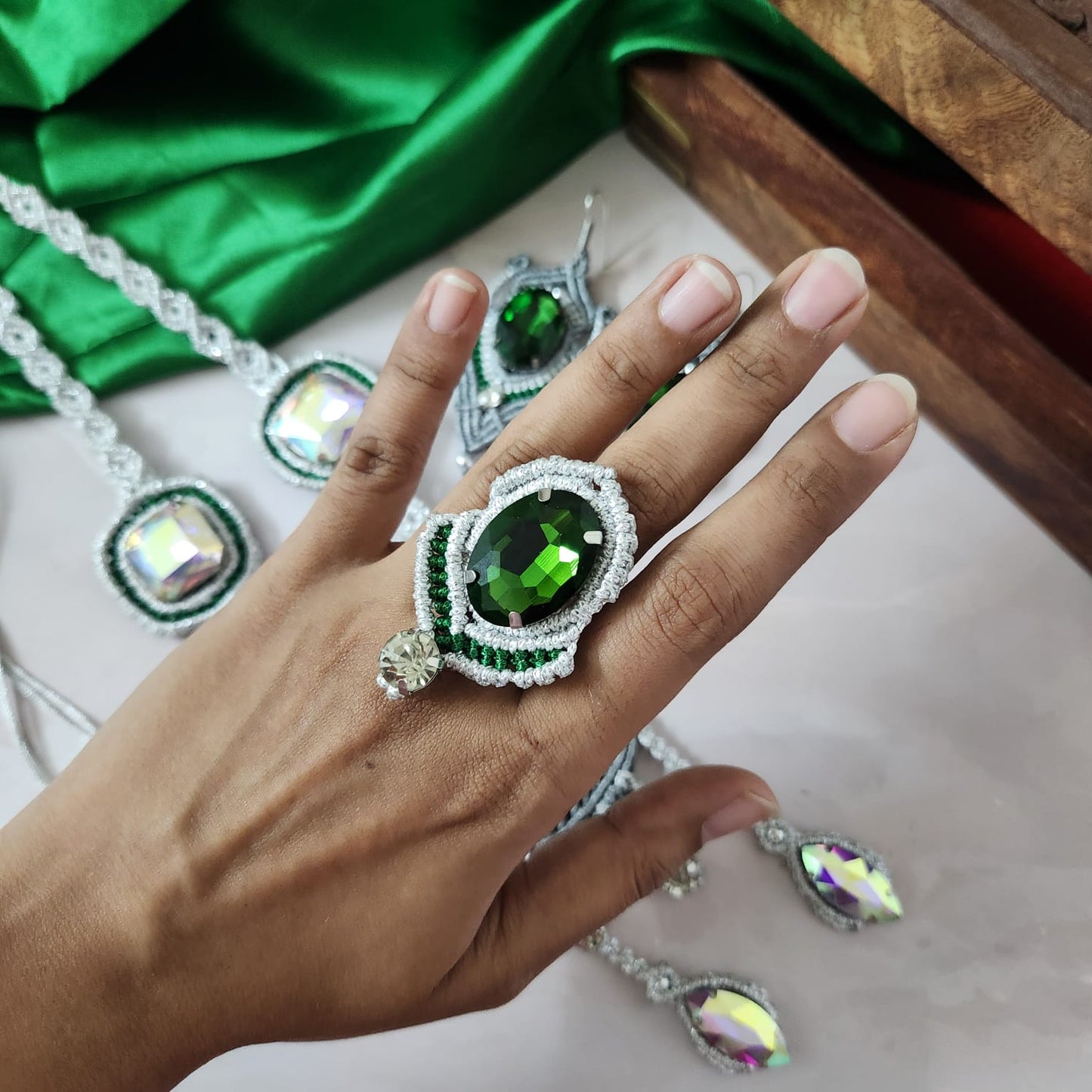 royal jewellery silver emerald jewellery party wear necklace set wedding jewellery ambani lookalike jewellery bridal jewellery reception shaadi sangeet bridesmaid