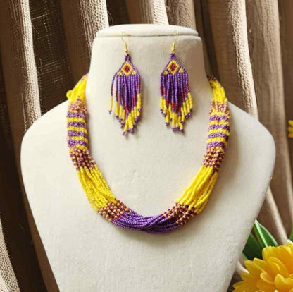 purple yellow layer necklace bead necklace haldi sangeet wedding party jewellery mehendi jewellery