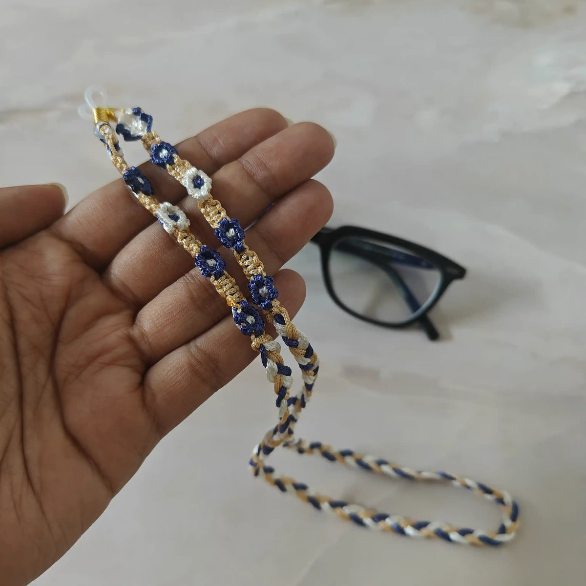 Saritha blue macrame spectacle chain