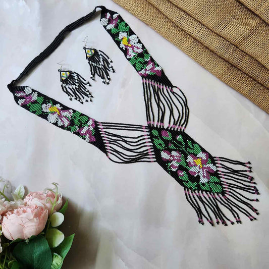 black purple hibiscus floral necklace layered bead necklace for party dangler earrings for office wear haldi wedding wear necklace set