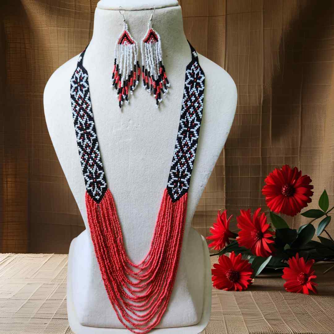 model wearing red coral geometric necklace formal necklace party necklace function wedding mehendi sangeet gift for her