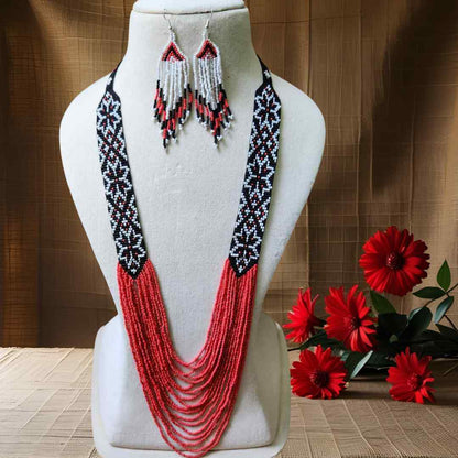 model wearing red coral geometric necklace formal necklace party necklace function wedding mehendi sangeet gift for her