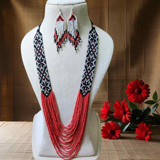 model wearing red coral geometric necklace formal necklace party necklace function wedding mehendi sangeet gift for her