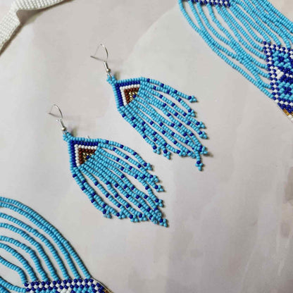 blue geometric necklace layered bead necklace for party dangler earrings for office wear haldi wedding wear necklace set