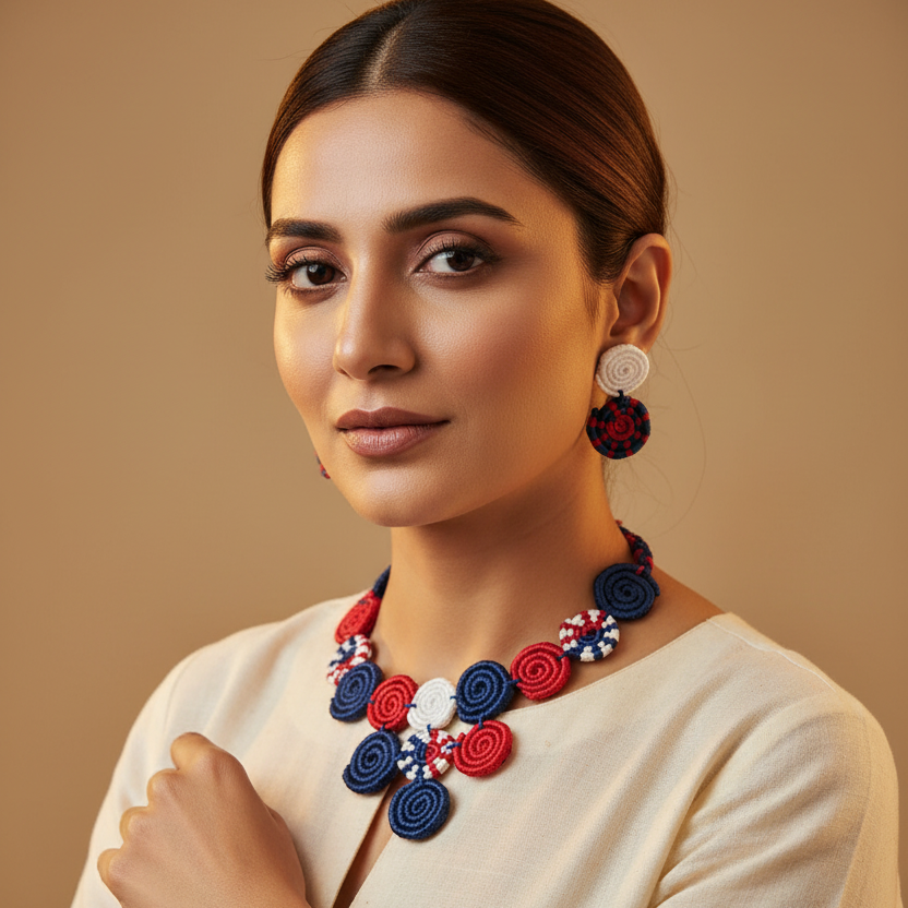 Spiral blue macrame necklace set