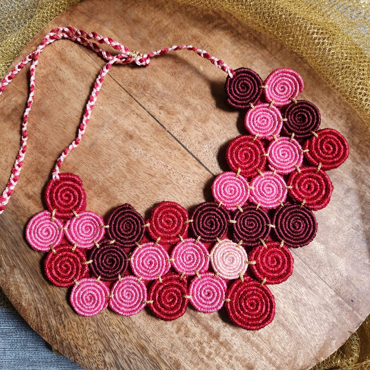 spiral motif necklace pink red necklace for party wear unusual quirky necklace for party metal free jewellery