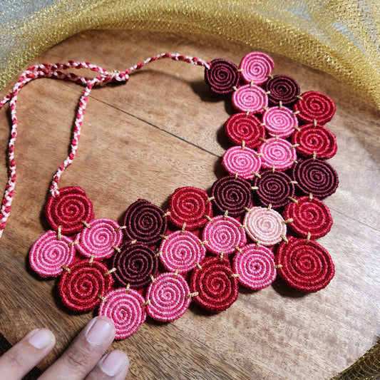 spiral motif necklace pink red necklace for party wear unusual quirky necklace for party metal free jewellery
