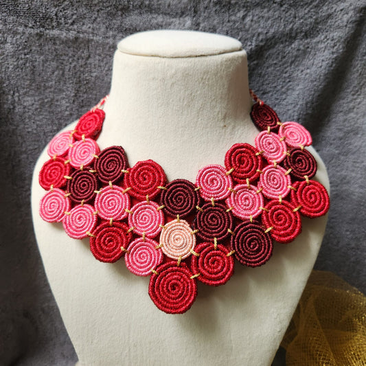 spiral motif necklace pink red necklace for party wear unusual quirky necklace for party metal free jewellery