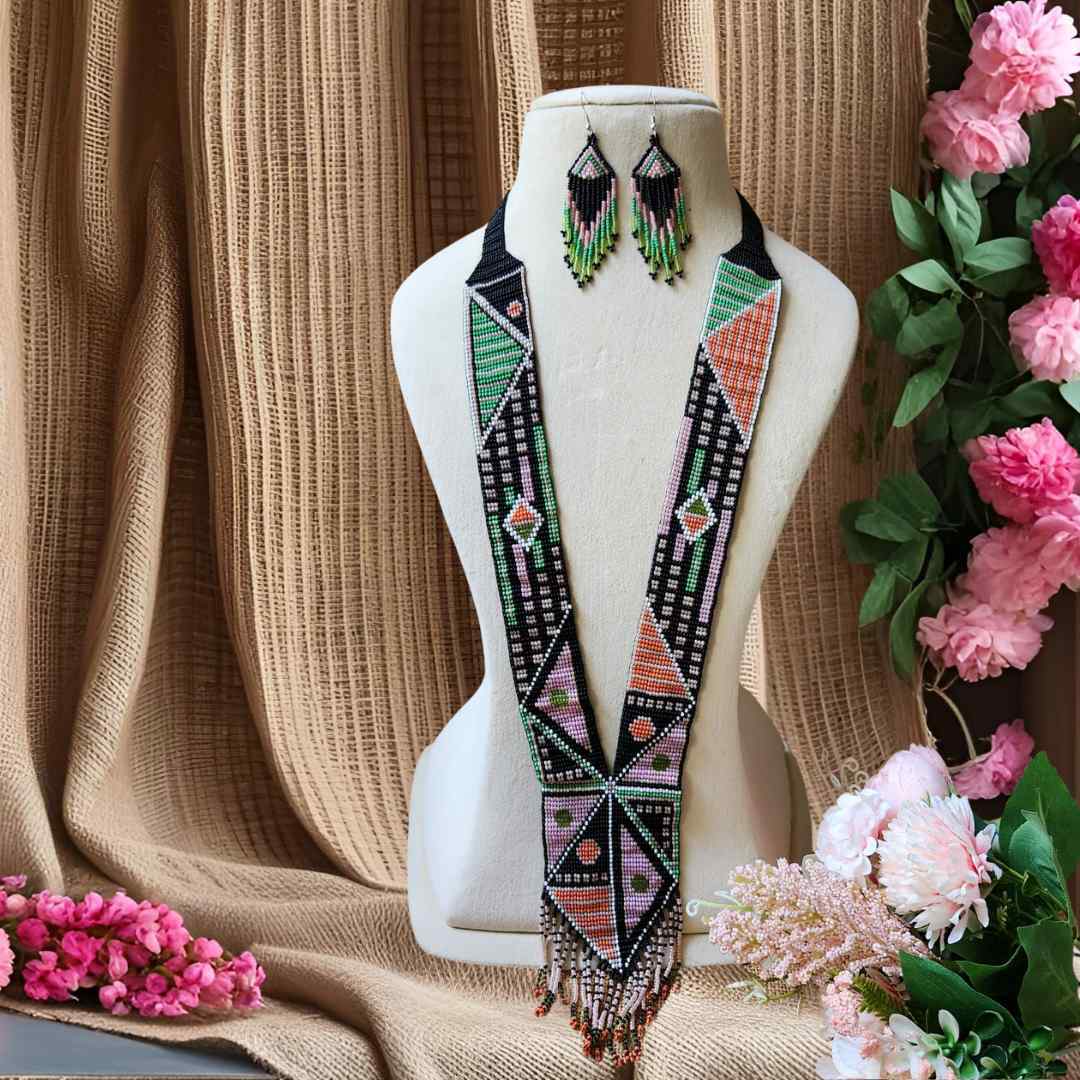 native american design geometric  bead loom necklace with earrings navajo print design daily wear necklace set for office and party