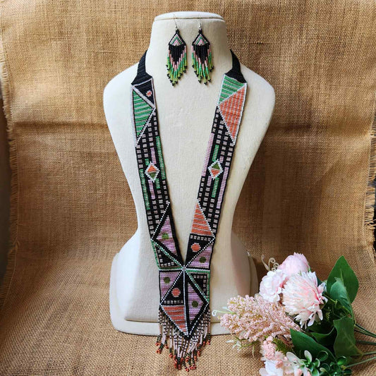native american design geometric  bead loom necklace with earrings navajo print design daily wear necklace set for office and party