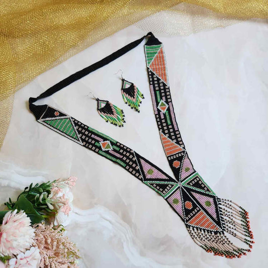 native american design geometric  bead loom necklace with earrings navajo print design daily wear necklace set for office and party