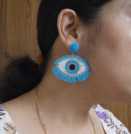 evil eye earrings for party wear earrings in blue white black seed beads earrings stud danglers large earrings for saree lehenga wedding sangeet mehendi reception party earrings