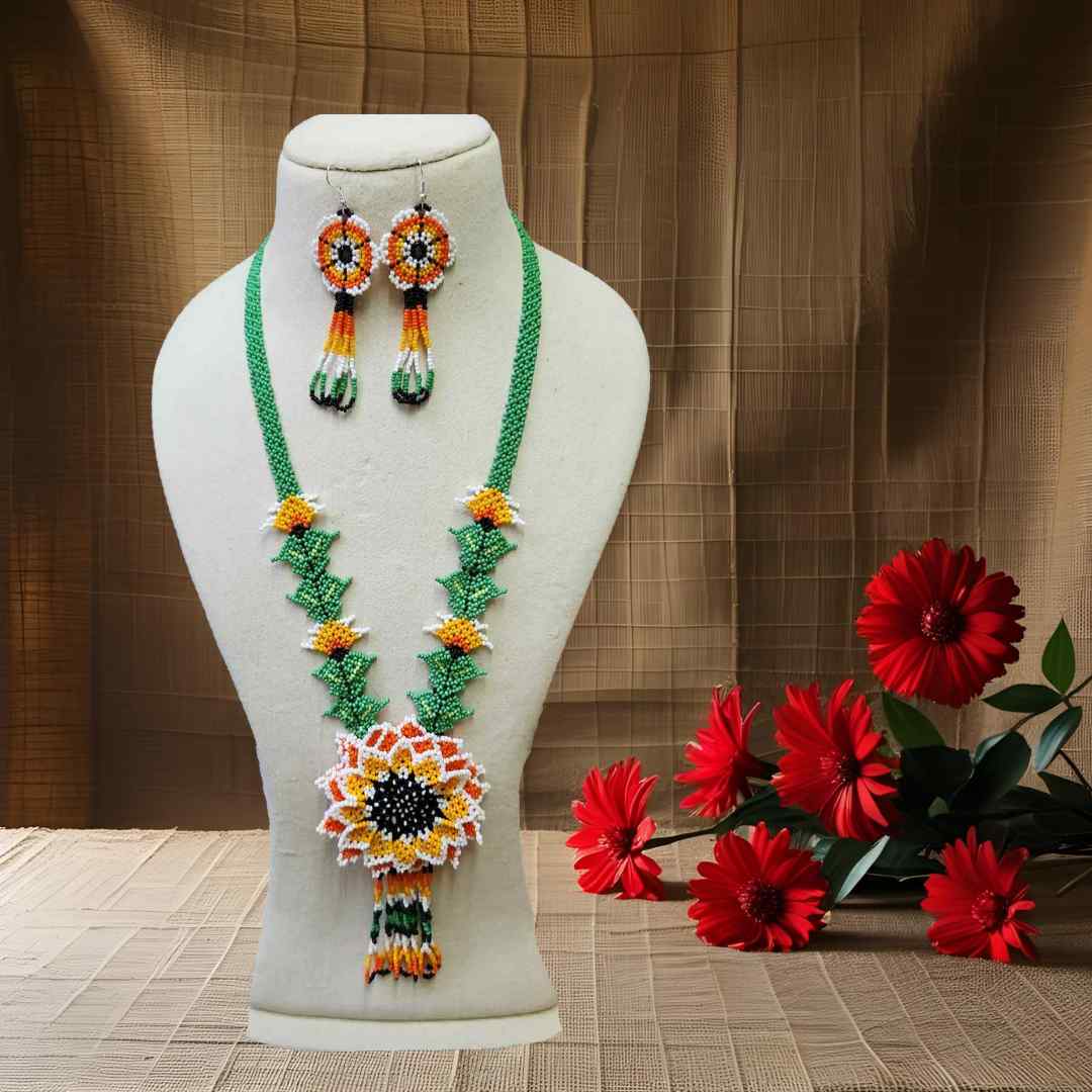floral bead necklace set orange yellow flower necklace for haldi shaadi mehndi sangeet independence day
