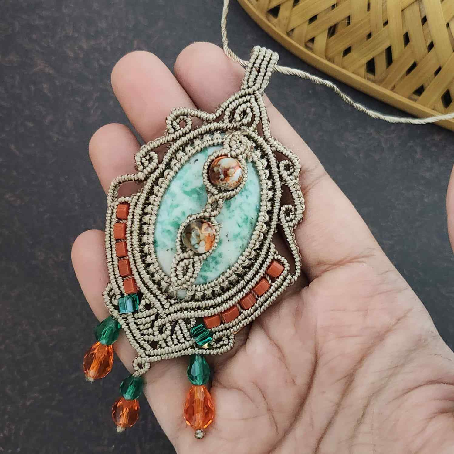 daily wear macrame pendant necklace office wear fashion accessory for work healing stone jewellery coral jewellery crystal pendant vesuvianite casual wear