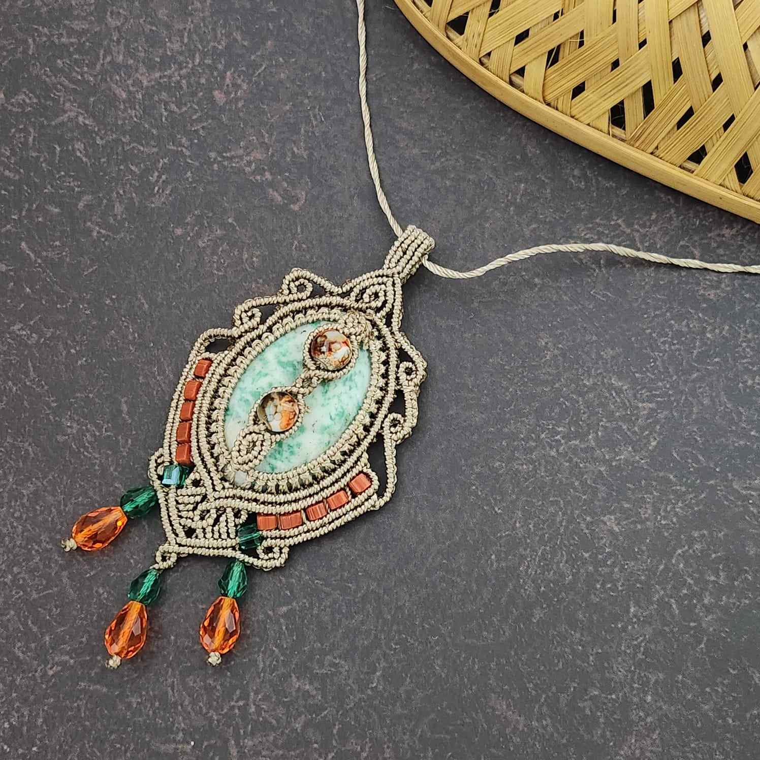
daily wear macrame pendant necklace office wear fashion accessory for work healing stone jewellery coral jewellery crystal pendant vesuvianite casual wear