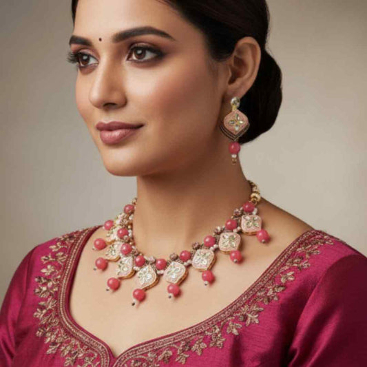 Mriha pink meenakari macrame necklace set