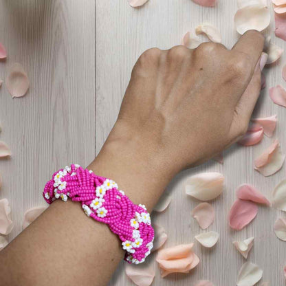 Daisy dark pink seed bead necklace set
