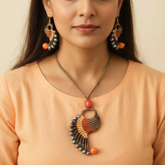 Hamsa orange macrame necklace set