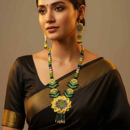 Poorni yellow bead floral necklace set